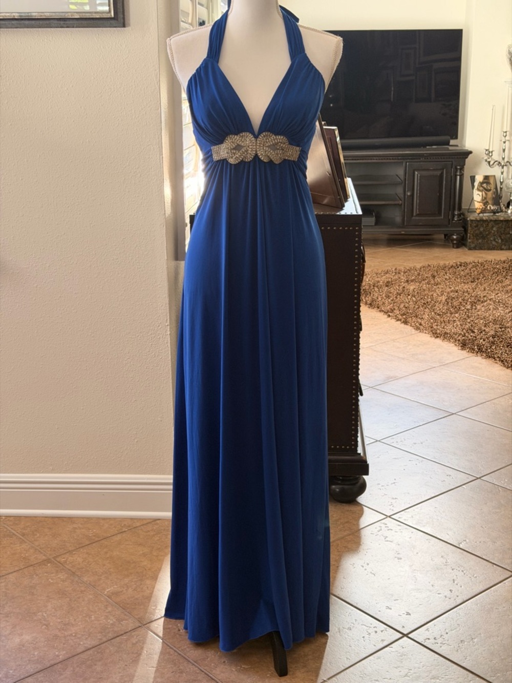 XOXO Royal Blue Halter Maxi Dress with Gold Beaded Waist